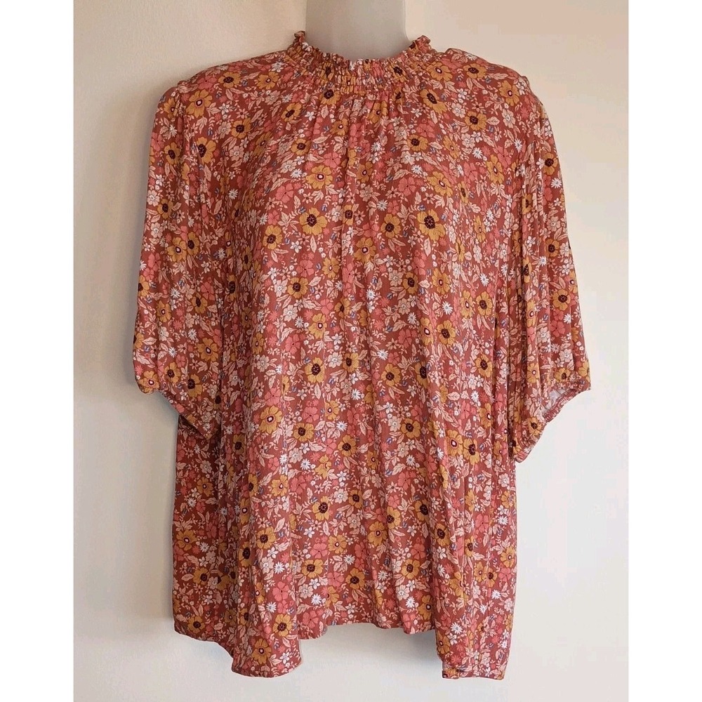 Knox Rose XXL Rust Floral Blouse Smocked Ruffle Neck Boho Puff Sleeve